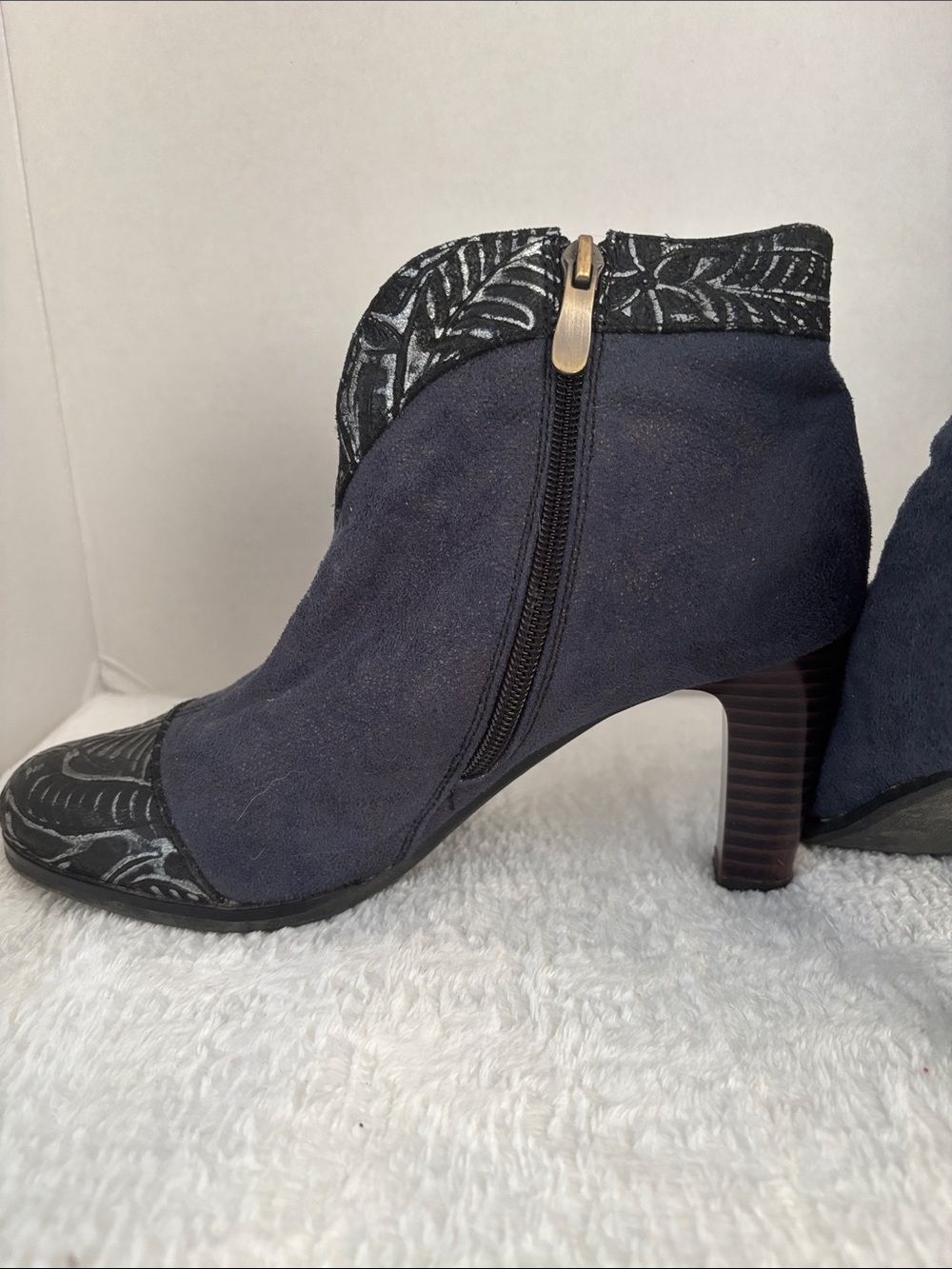 Women's Navy Suede Ankle Booties with Textured Trim - Picture 6 of 7